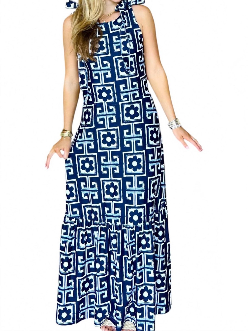 NWT Smith &Quinn Blue Geometric Print Tie-Shoulder Maxi Dress $208